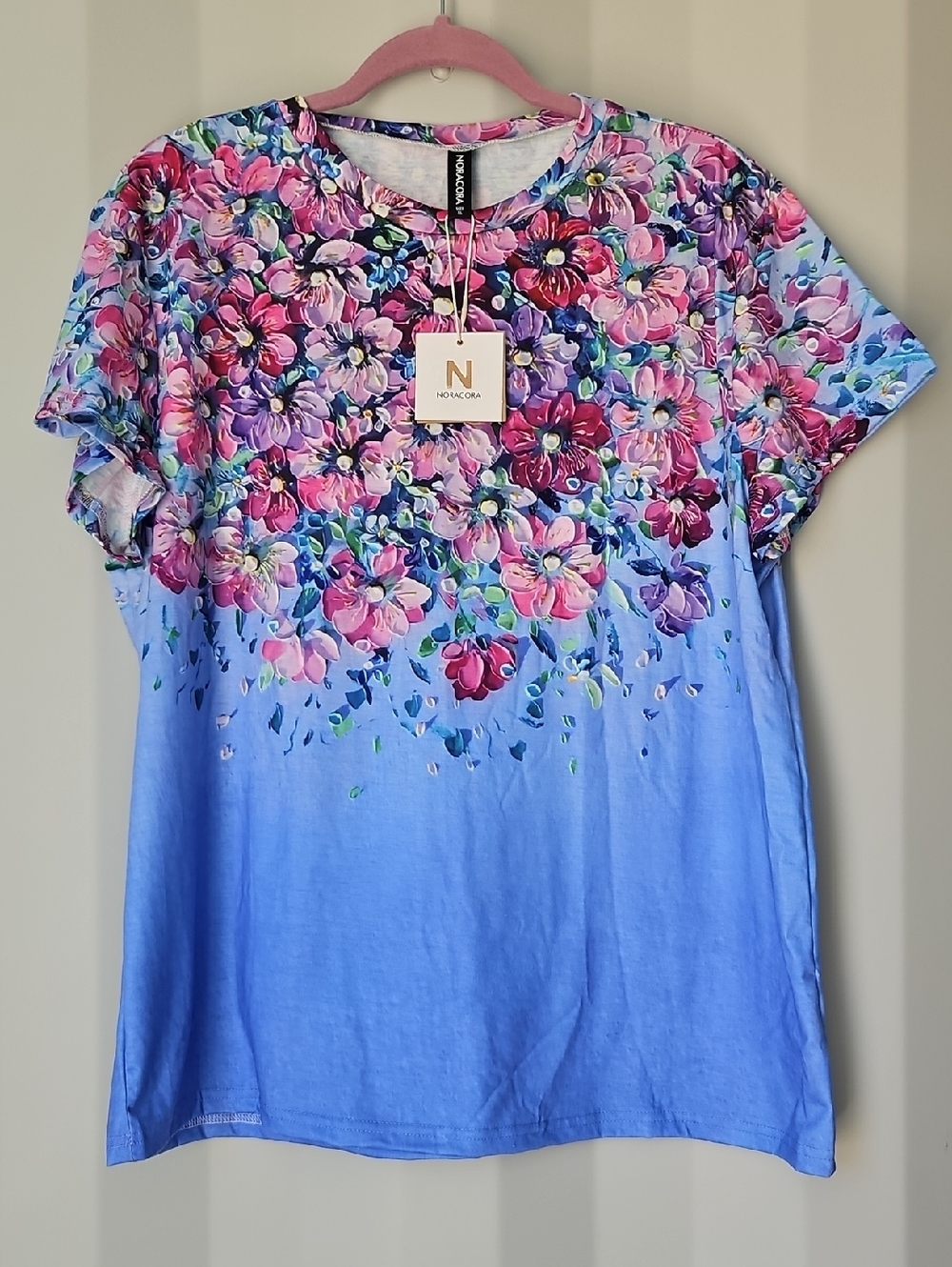 NoraCora Floral Ombre Short Sleeve Tee - Blue/Pink
